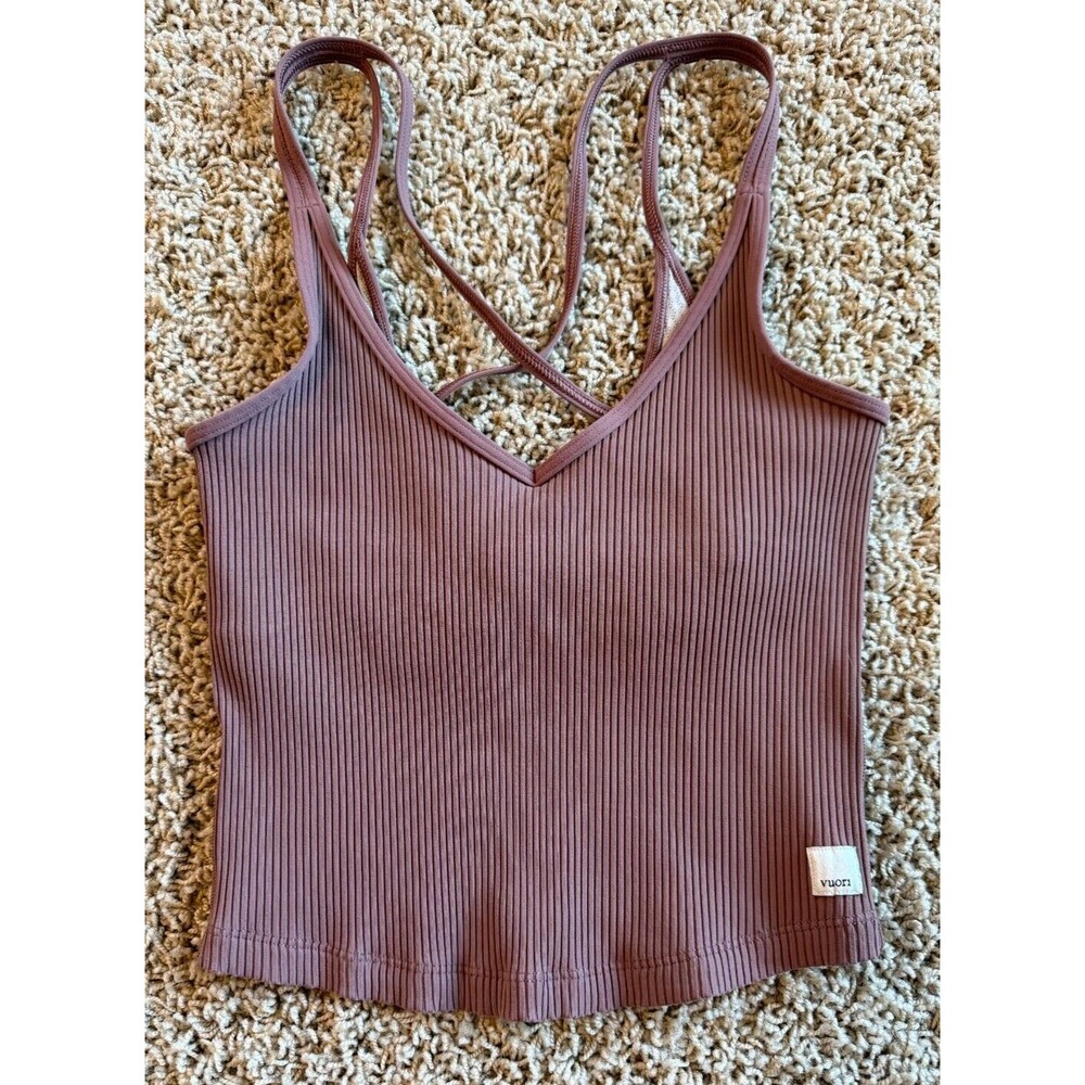 Vuori Ribbed V-Neck Strappy Crop Top in Mauve